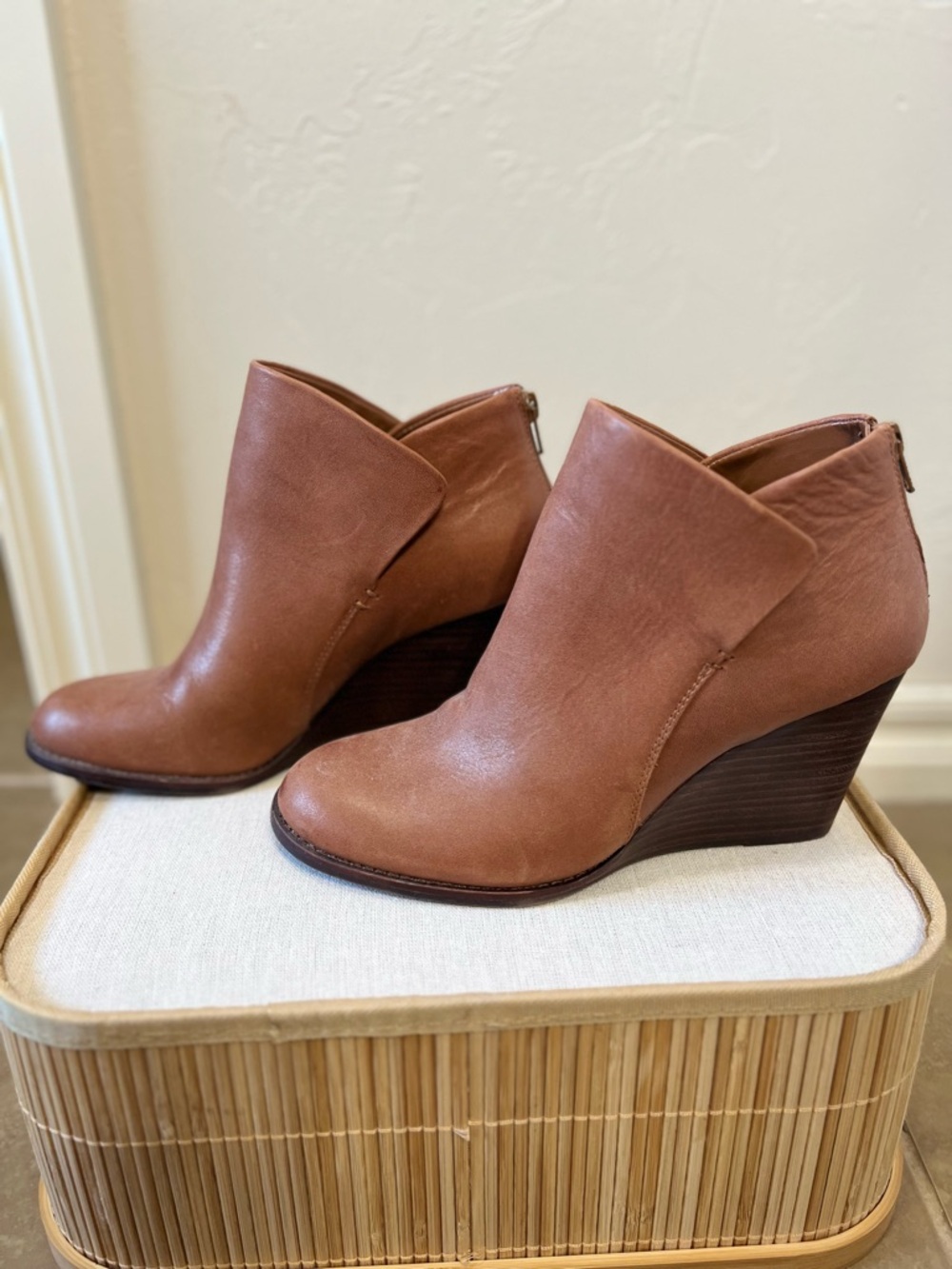 Women's Tan Leather Wedge Ankle Booties